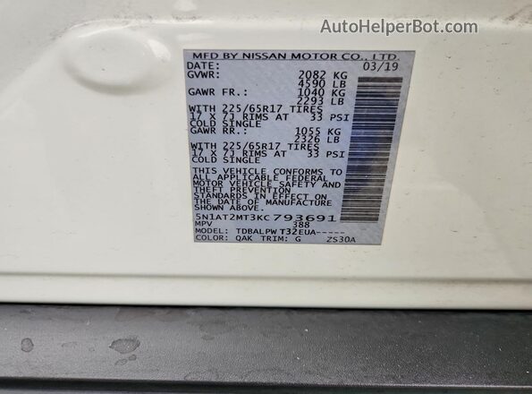 5N1AT2MT3KC793691 2019 NISSAN ROGUE White VIN sticker view