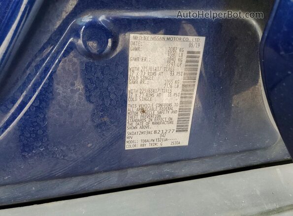 5N1AT2MT3KC821277 2019 NISSAN ROGUE Blue Vista de la etiqueta del VIN