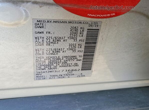 5N1AT2MT3LC736862 2020 NISSAN ROGUE Silver Widok naklejki z numerem VIN