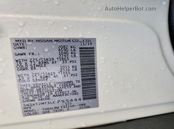 5N1AT2MT3LC755444 2020 NISSAN ROGUE White Widok naklejki z numerem VIN