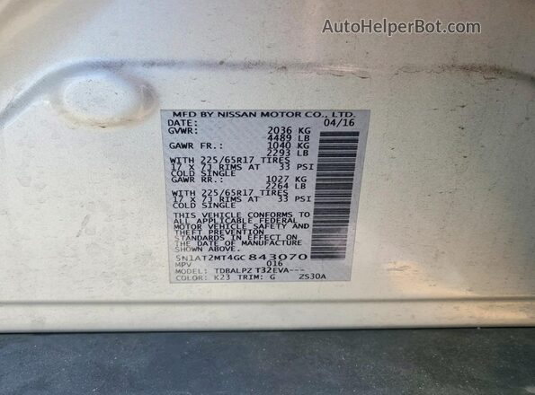 5N1AT2MT4GC843070 2016 NISSAN ROGUE Silver Vista de la etiqueta del VIN