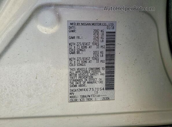 5N1AT2MT4JC757054 2018 NISSAN ROGUE Silver Vista interior de 360 grados