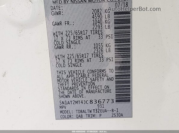5N1AT2MT4JC836773 2018 NISSAN ROGUE White Вид підкапотного простору