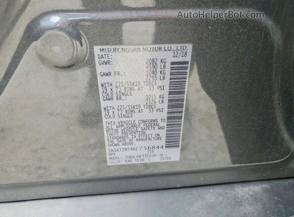 5N1AT2MT4KC756844 2019 NISSAN ROGUE Gray VIN կոդի պիտակի տեսք