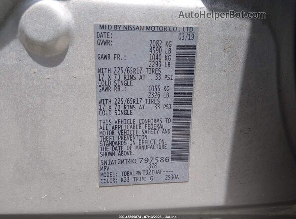 5N1AT2MT4KC797586 2019 NISSAN ROGUE Silver Widok komory silnika