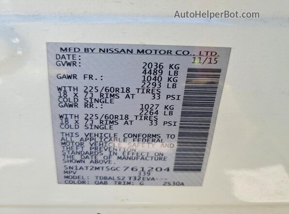 5N1AT2MT5GC761204 2016 NISSAN ROGUE White VIN կոդի պիտակի տեսք