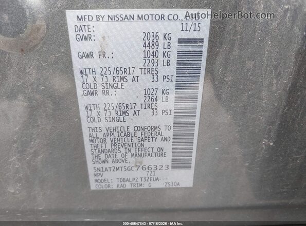 5N1AT2MT5GC766323 2016 NISSAN ROGUE Gray Engine compartment view