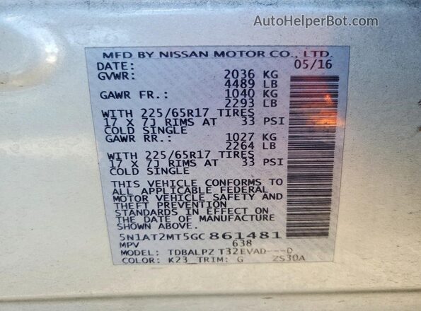 5N1AT2MT5GC861481 2016 NISSAN ROGUE Silver VIN sticker view