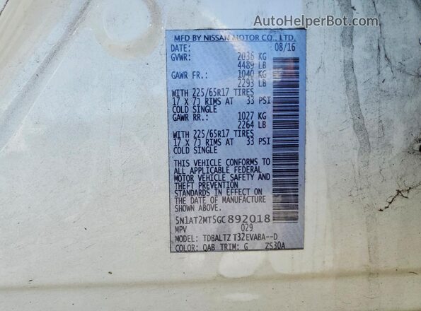 5N1AT2MT5GC892018 2016 NISSAN ROGUE White Widok naklejki z numerem VIN