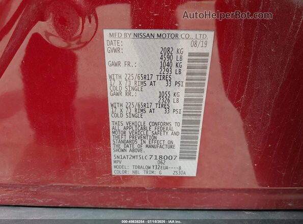 5N1AT2MT5LC718007 2020 NISSAN ROGUE Красный Вид подкапотного пространства