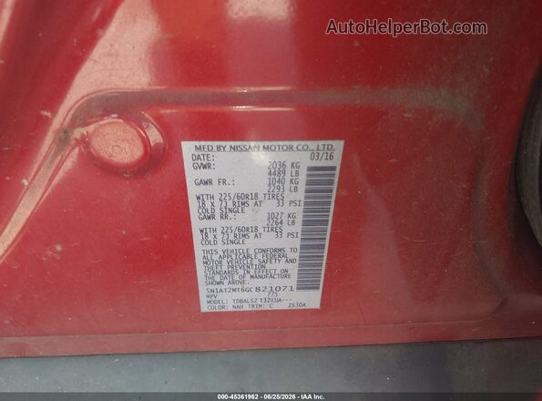 5N1AT2MT6GC821071 2016 NISSAN ROGUE Красный Вид подкапотного пространства