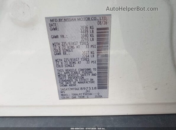 5N1AT2MT6GC897518 2016 NISSAN ROGUE Белый Вид подкапотного пространства
