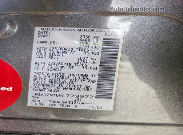 5N1AT2MT6HC779972 2017 NISSAN ROGUE Gray Вид наклейки з VIN-кодом