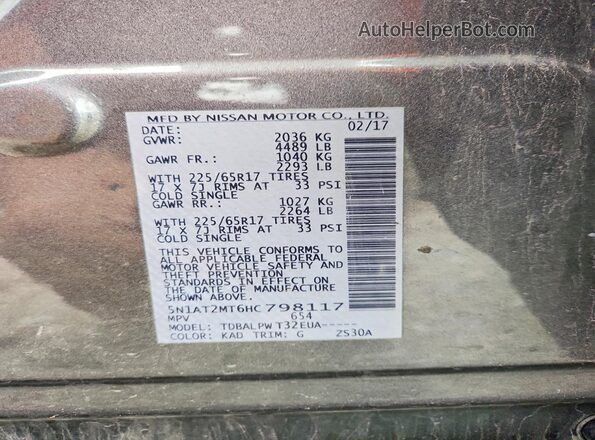 5N1AT2MT6HC798117 2017 NISSAN ROGUE Gray Widok naklejki z numerem VIN