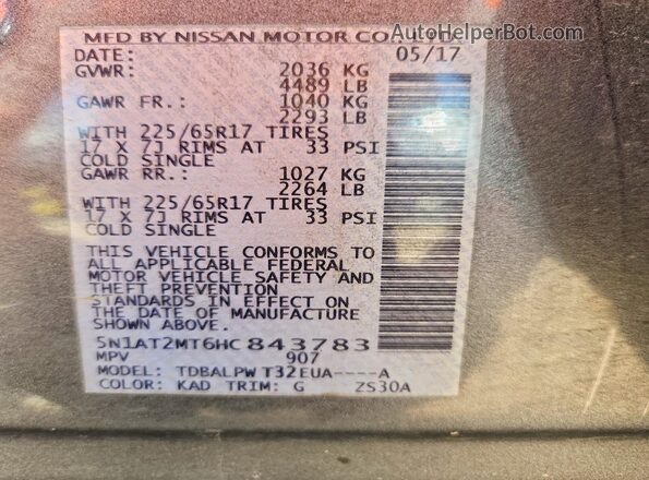 5N1AT2MT6HC843783 2017 NISSAN ROGUE Gray Vista de la etiqueta del VIN