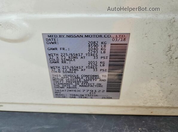 5N1AT2MT6JC779122 2018 NISSAN ROGUE White Widok wnętrza 360 stopni