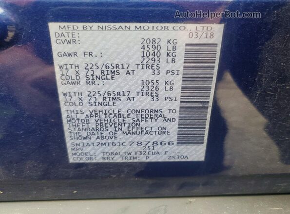 5N1AT2MT6JC787866 2018 NISSAN ROGUE Blue Vista de la etiqueta del VIN
