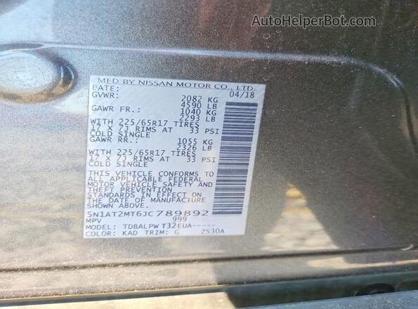5N1AT2MT6JC789892 2018 NISSAN ROGUE Charcoal Вид наклейки з VIN-кодом