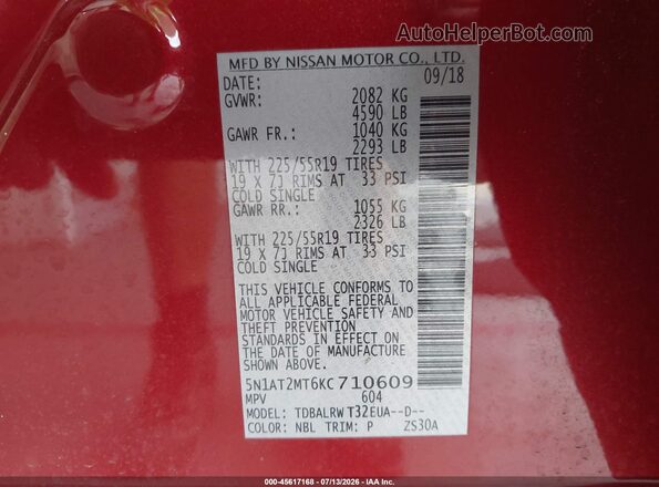 5N1AT2MT6KC710609 2019 NISSAN ROGUE Burgundy Widok komory silnika