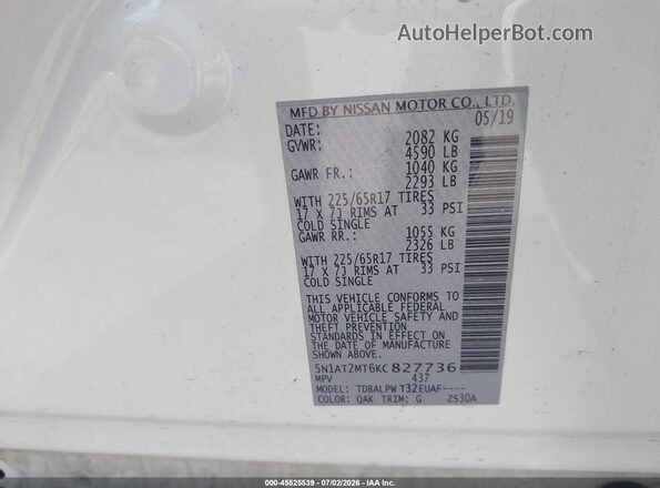 5N1AT2MT6KC827736 2019 NISSAN ROGUE Белый Вид подкапотного пространства