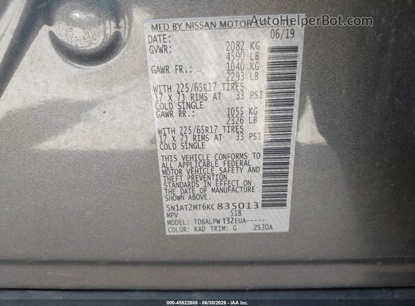 5N1AT2MT6KC835013 2019 NISSAN ROGUE Серый Вид подкапотного пространства