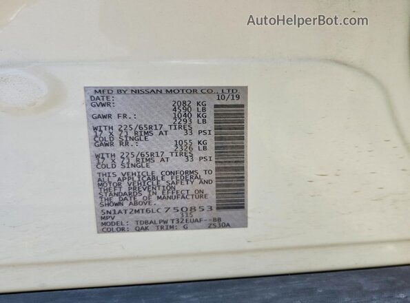 5N1AT2MT6LC750853 2020 NISSAN ROGUE White VIN sticker view