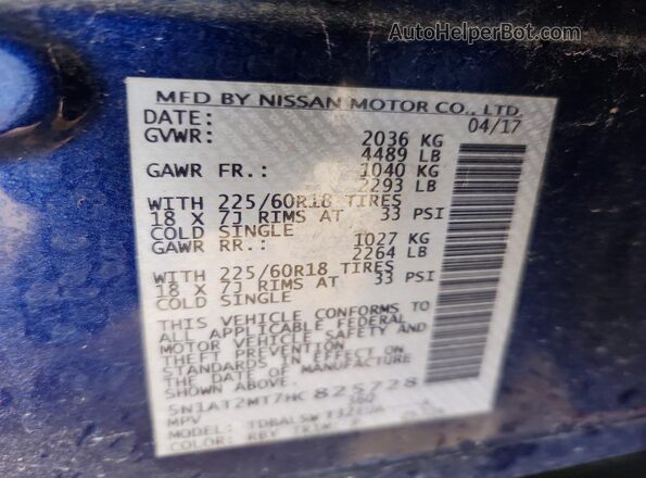 5N1AT2MT7HC825728 2017 NISSAN ROGUE Blue VIN կոդի պիտակի տեսք