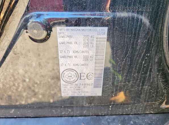 5N1AT2MT7KC749967 2019 NISSAN ROGUE Black VIN կոդի պիտակի տեսք