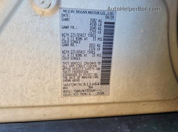 5N1AT2MT7KC811464 2019 NISSAN ROGUE Silver VIN կոդի պիտակի տեսք