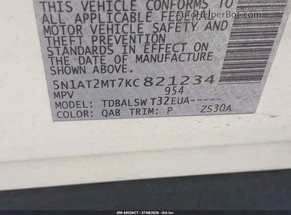 5N1AT2MT7KC821234 2019 NISSAN ROGUE White Vista del compartimento del motor