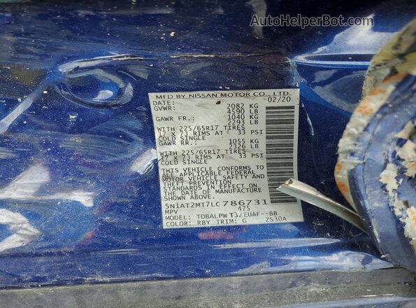 5N1AT2MT7LC786731 2020 NISSAN ROGUE Blue VIN კოდის სტიკერის ხედი