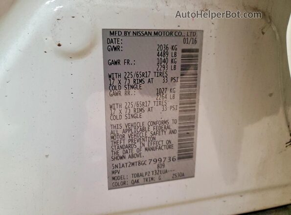 5N1AT2MT8GC799736 2016 NISSAN ROGUE White Vista interior de 360 grados