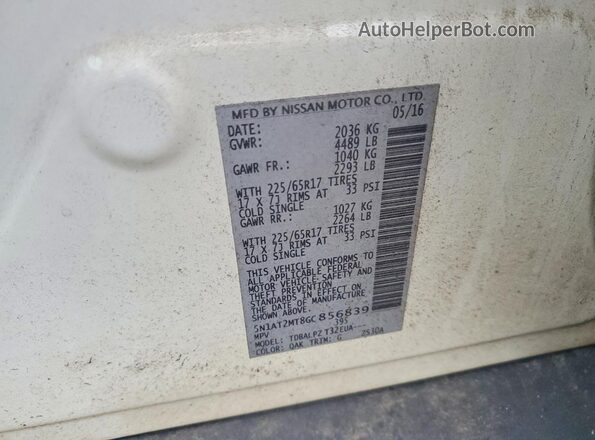 5N1AT2MT8GC856839 2016 NISSAN ROGUE White VIN კოდის სტიკერის ხედი