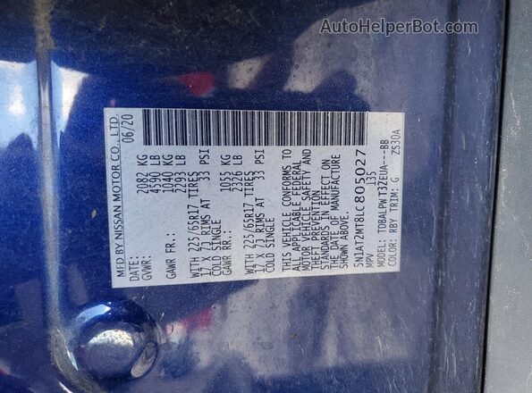 5N1AT2MT8LC805027 2020 NISSAN ROGUE Blue 360 interior view