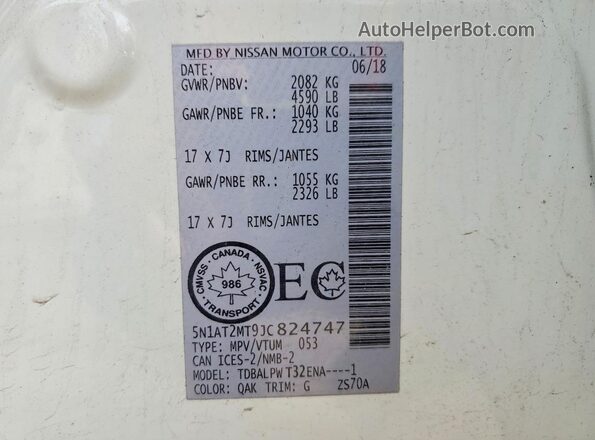 5N1AT2MT9JC824747 2018 NISSAN ROGUE White Vista de la etiqueta del VIN