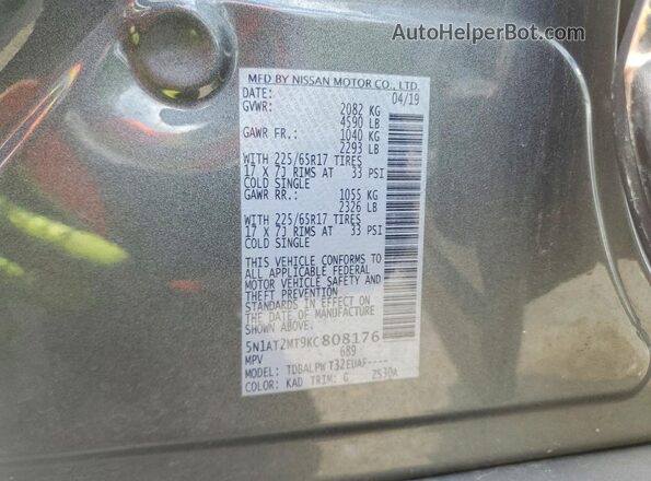 5N1AT2MT9KC808176 2019 NISSAN ROGUE Gray Widok naklejki z numerem VIN