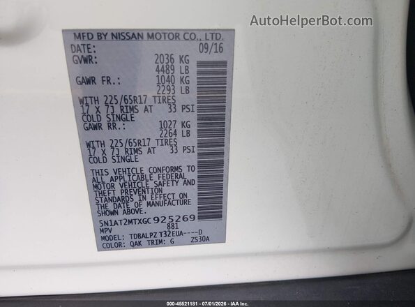 5N1AT2MTXGC925269 2016 NISSAN ROGUE White Շարժիչի բաժամունքի տեսք