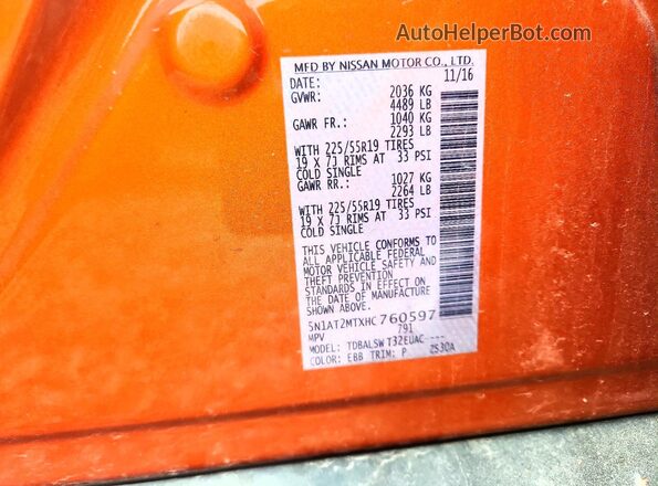 5N1AT2MTXHC760597 2017 NISSAN ROGUE Оранжевый Вид наклейки с VIN-кодом