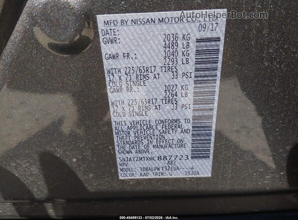 5N1AT2MTXHC887723 2017 NISSAN ROGUE Gray ძრავის განყოფილების ხედი