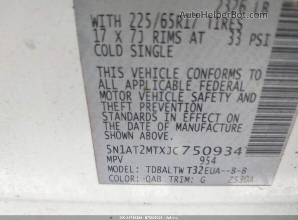 5N1AT2MTXJC750934 2018 NISSAN ROGUE White Շարժիչի բաժամունքի տեսք