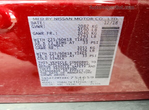 5N1AT2MTXKC754659 2019 NISSAN ROGUE Red VIN sticker view