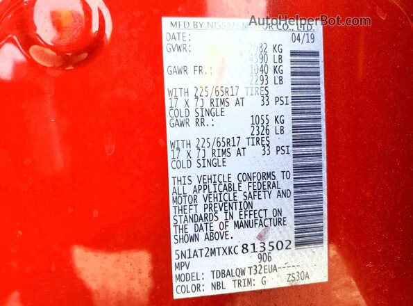 5N1AT2MTXKC813502 2019 NISSAN ROGUE Red Вид наклейки з VIN-кодом
