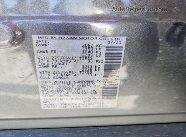 5N1AT2MTXLC807894 2020 NISSAN ROGUE Gray VIN sticker view