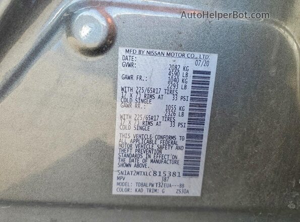 5N1AT2MTXLC815381 2020 NISSAN ROGUE Gray VIN კოდის სტიკერის ხედი