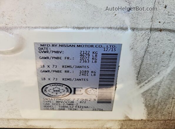 5N1AT2MV0GC779823 2016 NISSAN ROGUE White Vista de la etiqueta del VIN