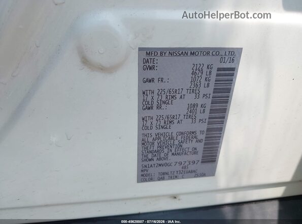 5N1AT2MV0GC797397 2016 NISSAN ROGUE White ძრავის განყოფილების ხედი