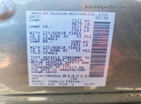 5N1AT2MV0GC814215 2016 NISSAN ROGUE Silver Widok naklejki z numerem VIN