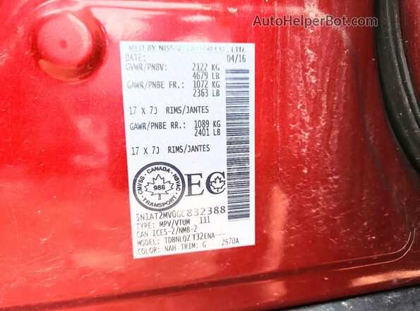 5N1AT2MV0GC832388 2016 NISSAN ROGUE Red Vista de la etiqueta del VIN