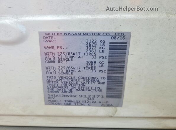 5N1AT2MV0GC912371 2016 NISSAN ROGUE White სალონის 360-გრადუსიანი ხედი
