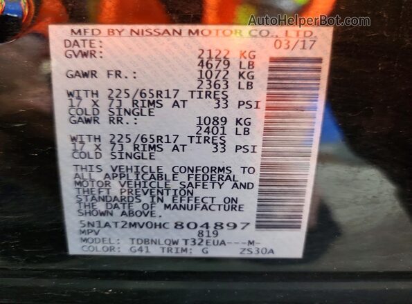 5N1AT2MV0HC804897 2017 NISSAN ROGUE Black Vista de la etiqueta del VIN